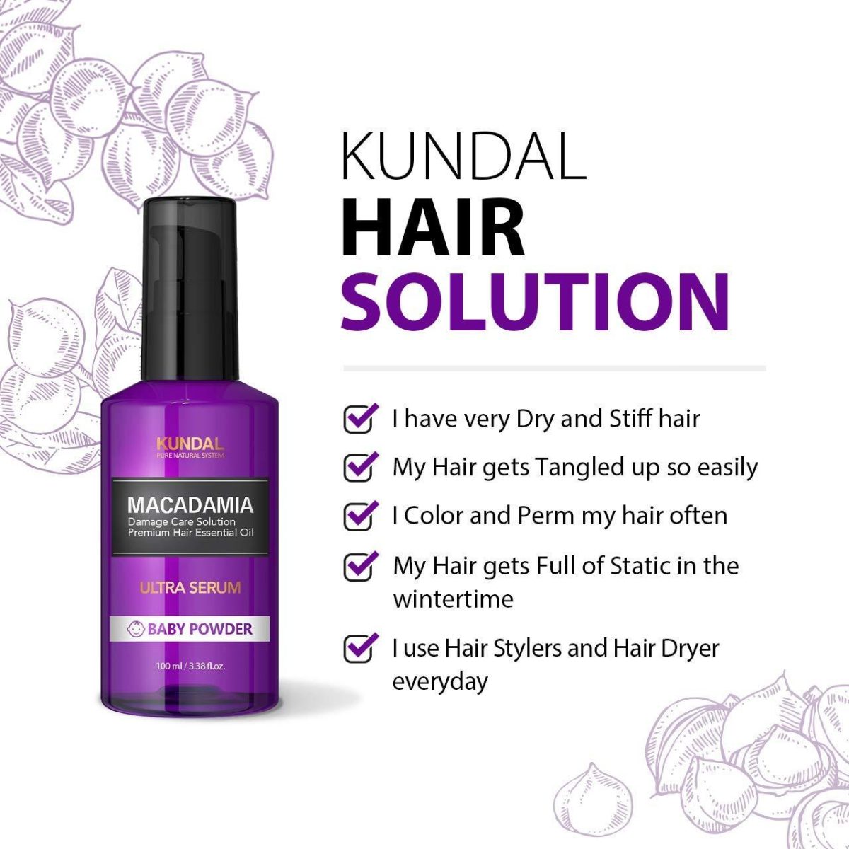 سرم مو ماکادمیا اولترا کوندال 100 میل Kunda Macadamia Ultra Hair Serum baby powder - Image 3