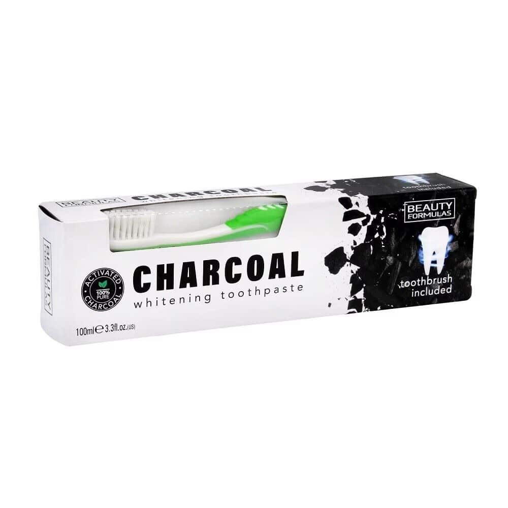 s-l1200 (3)_11zon خمیر دندال زغال Charcoal حجم 100 میل و مسواک Whitening Toothpaste with Active Charcoal + Brush, Beauty Formulas - Image 1