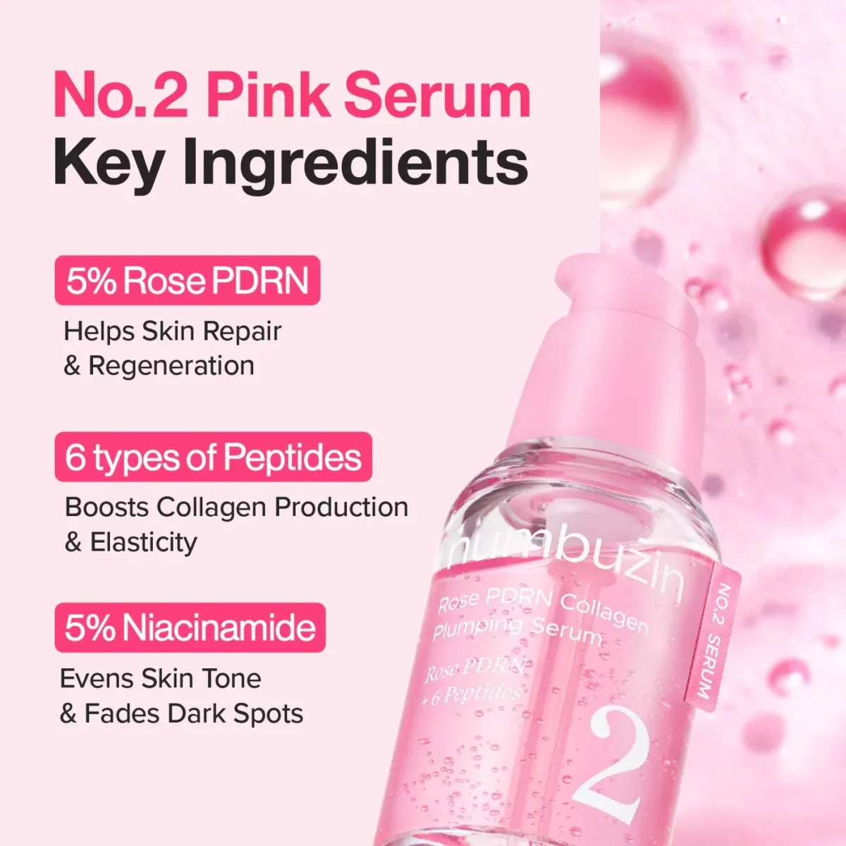 سرم حجم دهنده PDRN و کلاژن رز نامبوزین 30 میل - numbuzin &ndash; No.2 Rose PDRN Collagen Plumping Serum - Image 2