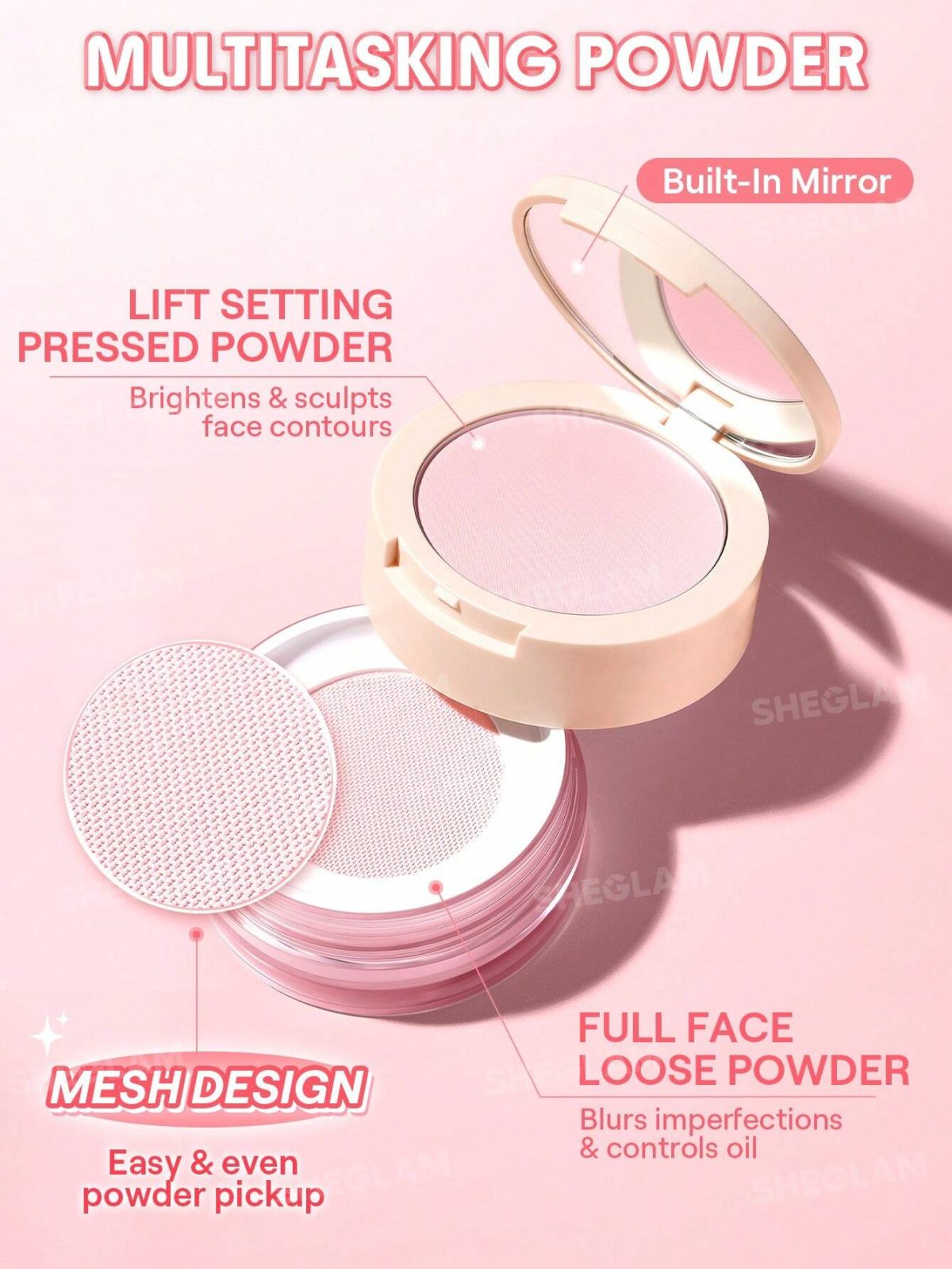 پودر فیکس صورتی دو طبقه شیگلم SHEGLAM INSTA-READY FACE & UNDER EYE SETTING POWDER DUO BUBBLEGUM - Image 4
