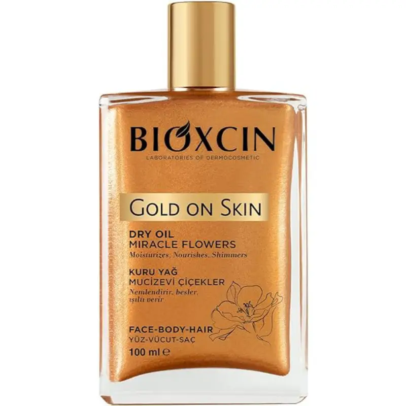 bioxin-gold-on-skin-glitter-dry-oil-100-ml-2 روغن مرطوب کننده و شاین صورت و بدن و مو بیوکسین Bioxin مدل Gold On Skin حجم 100 میل - Image 1