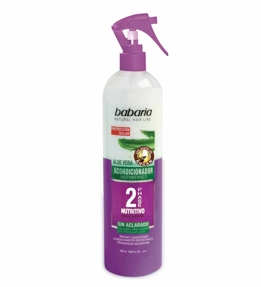 f74d420786294de5b83d77d23288e885 اسپری مو دو فاز باباریا بنفش BABARIA ALOEVERA+ARGAN INSTANT CONDITIONER حجم 500ml - Image 1