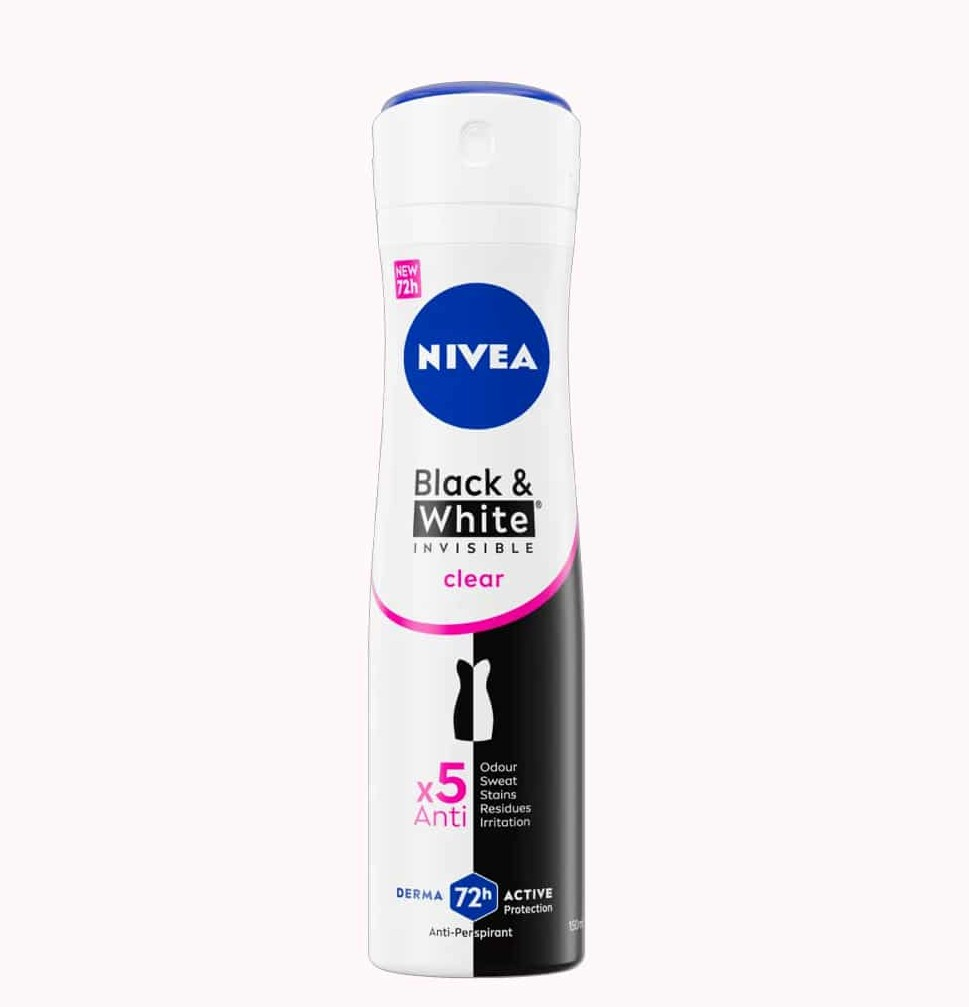 Nivea-Black-White-Invisible (1) اسپری ضد تعریق زنانه نیوا مدل بلک وایت Nivea Black & White Clear Derma ماندگاری 72 ساعته حجم 150 میل - Image 1